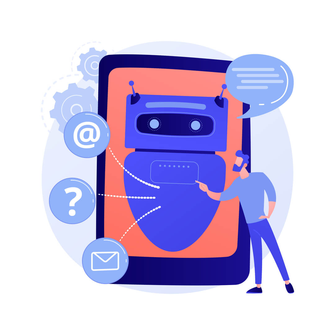 Vetor com homem configurando o copywriting para chatbot no celular.